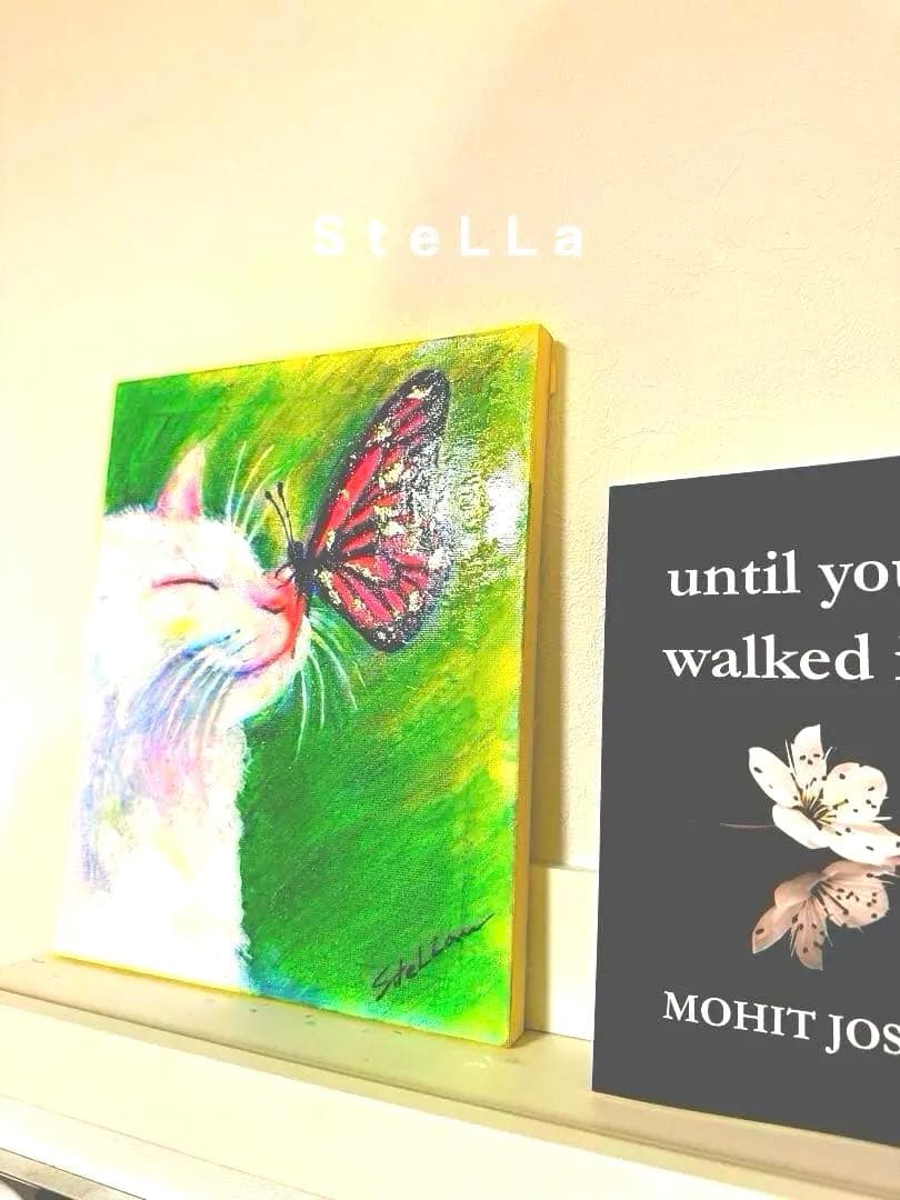 猫の絵　子猫　動物の絵　絵画　蝶　金箔　ゴールド　壁掛け