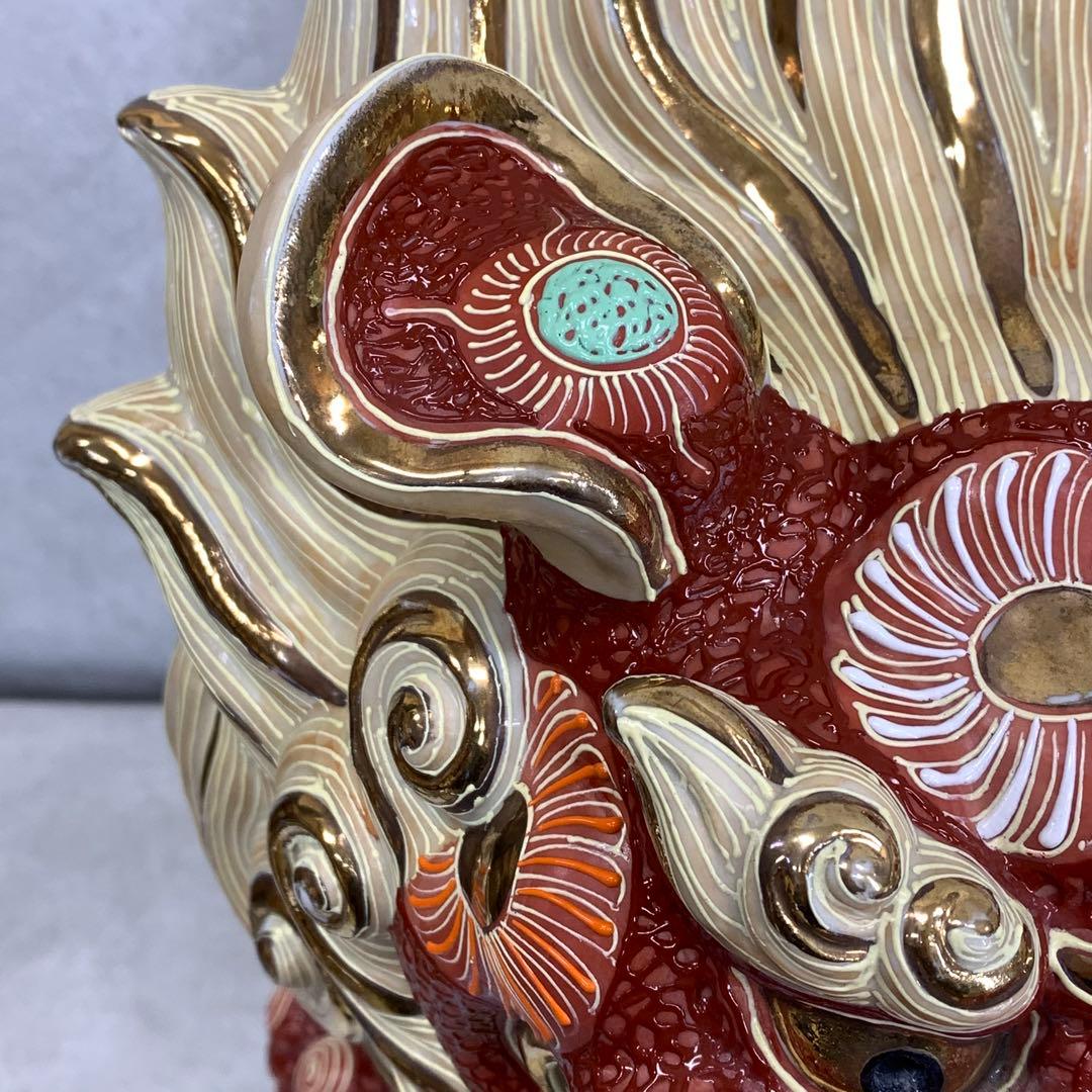 高さ約56cm!九谷焼 玉乗り 獅子 赤 金 オブジェ 縁起 厄払い 守護神