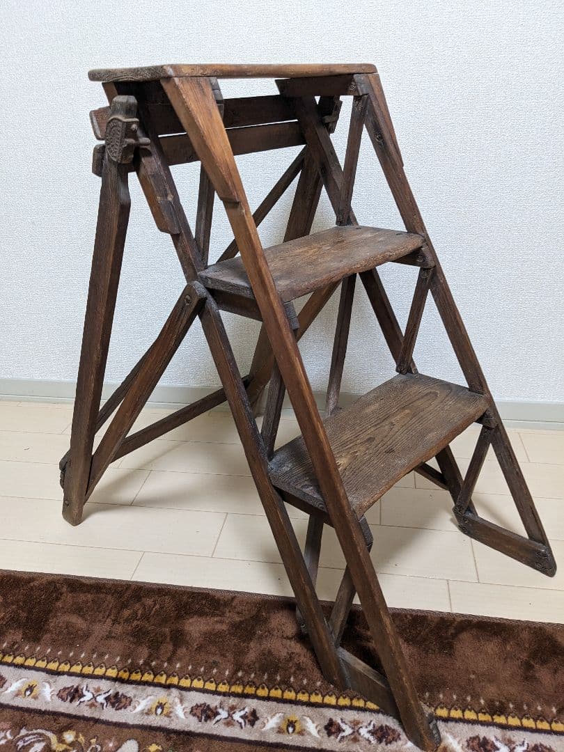 1値引 イギリスアンティーク 折りたたみ 木製3段 ステップラダー 脚立