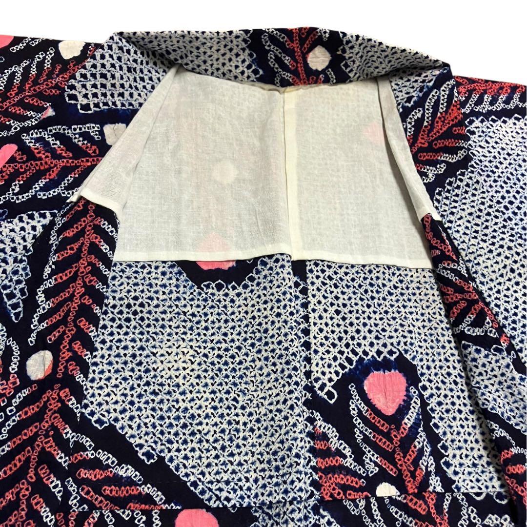 浴衣 有松鳴海絞り 孔雀羽文 ネイビー 綿 手縫い しつけ糸付 夏 和装 逸品