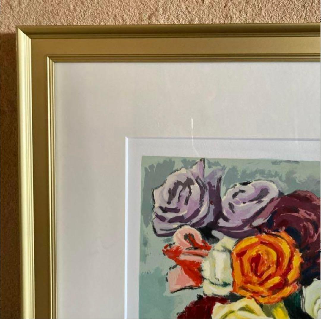 小山敬三 リトグラフ 花 薔薇 92/200 額付き 22.01.23-1