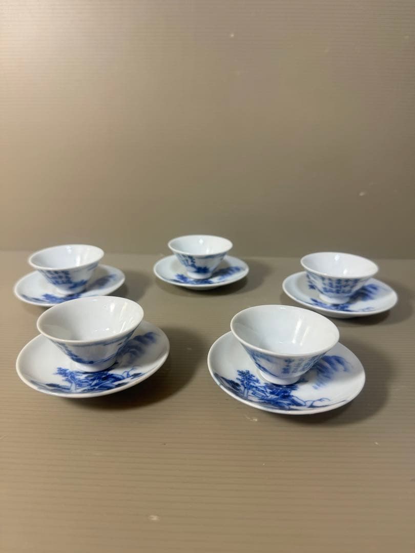 2439  染付青花　山水文 盃と下皿　5客セット 2439 染付青花 山水文 盃と下皿 5客セット 【公式通販】