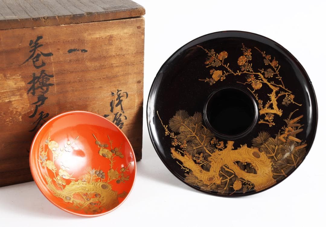 木製朱塗糸目金銀蒔絵引盃十客 CM242】時代木製漆器 桐鳳凰・ 【CM244