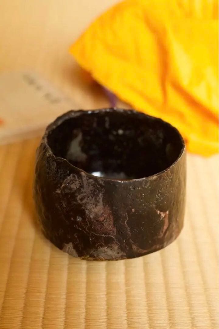 二階堂明弘　益楽黒茶碗　共箱　(益子焼)