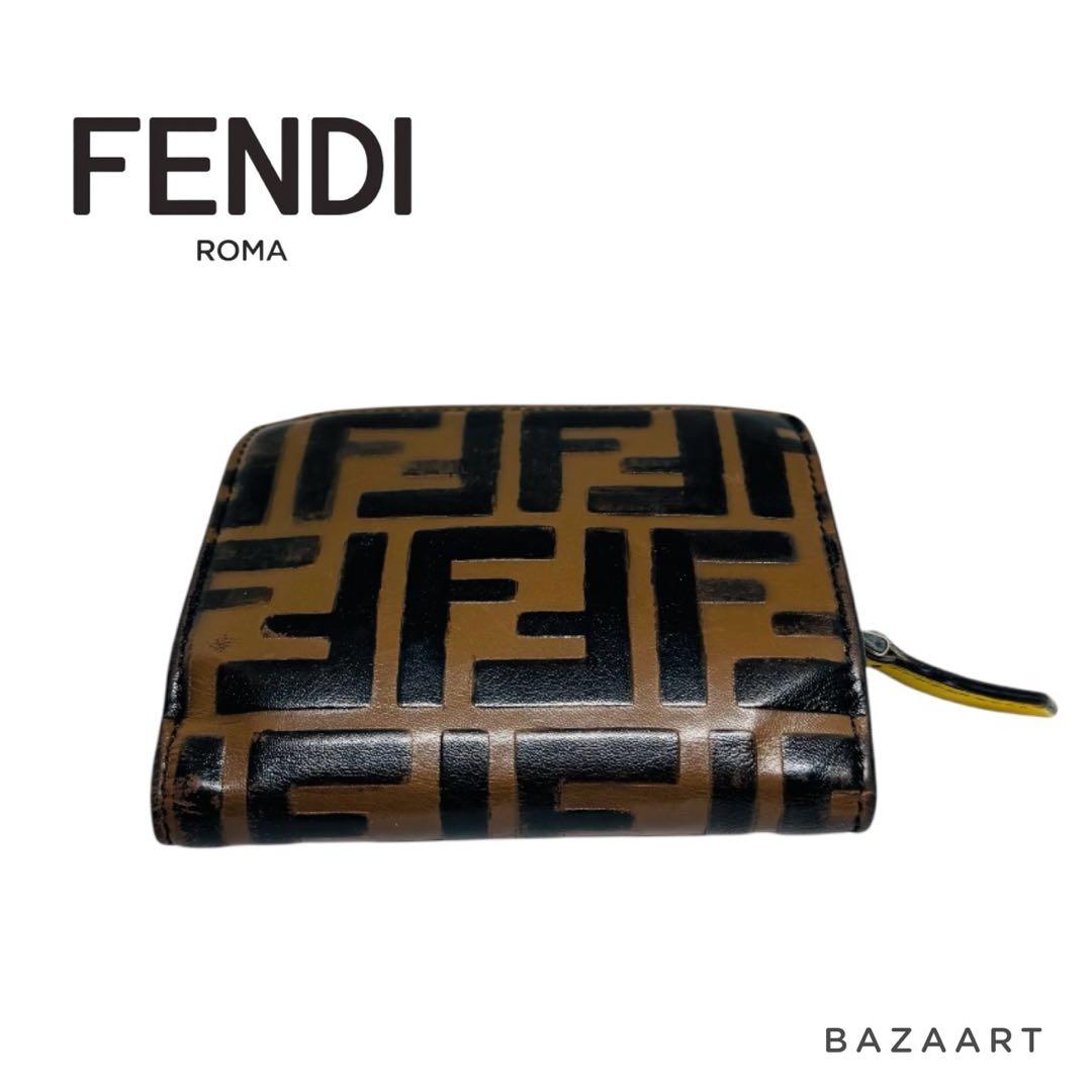 FENDI フェンディ 二つ折り財布 FFロゴ ズッカ レザー 黄色 イエロー