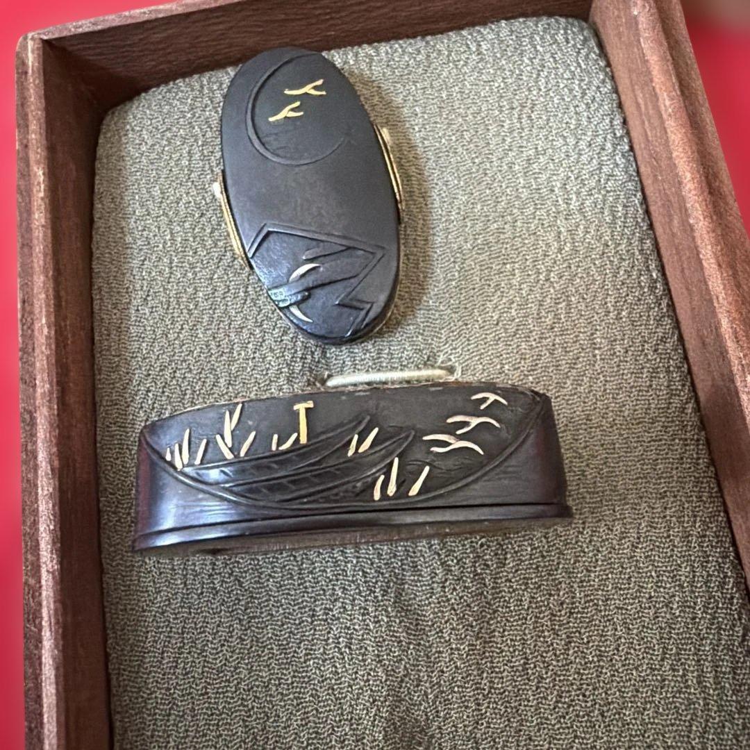 刀剣美術　江戸期　無銘　銅地金象嵌芦雁図縁頭