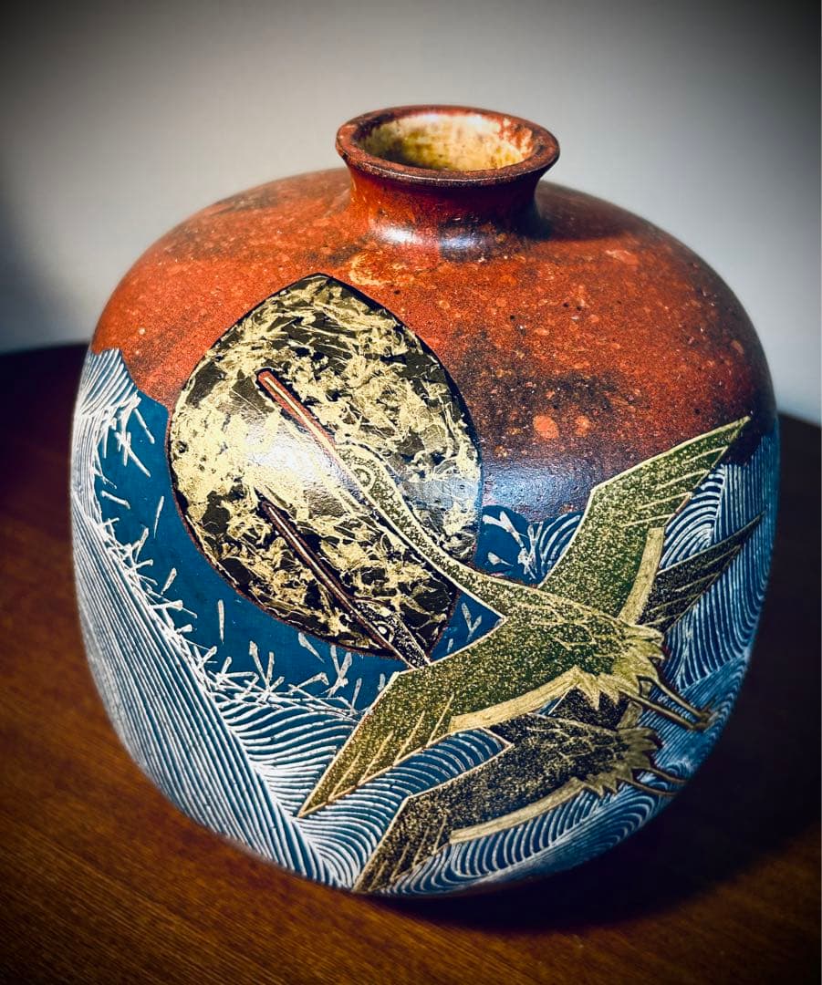 九谷焼　作家作品　谷敷正人　雅彩双鶴紋　花瓶 九谷焼 作家作品 谷敷正人 雅彩双鶴紋 花瓶