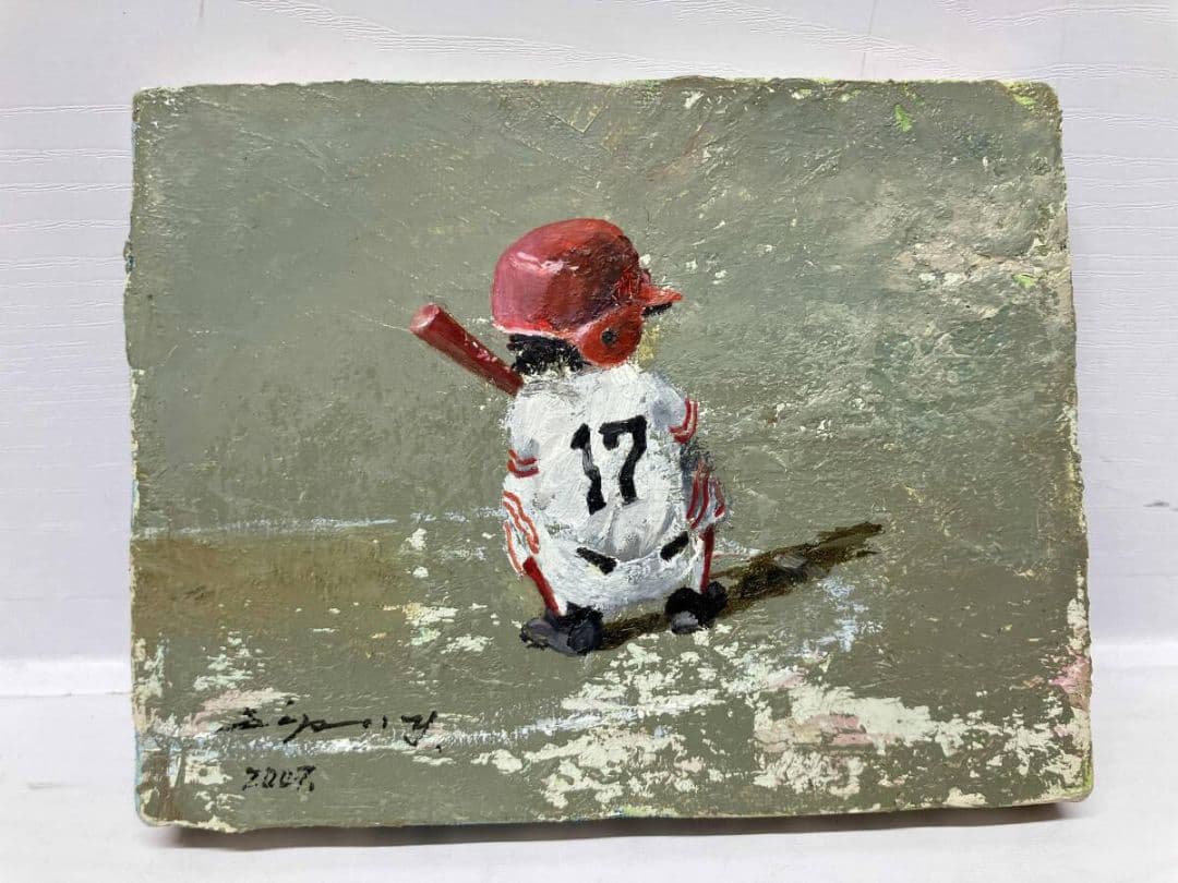 真作 希少油彩画】出番のないベンチ（代打-17）超人気作家「櫻井幸雄」