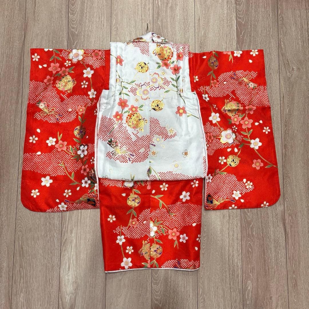 七五三女の子着物9点セット★3歳着物被布草履★赤色着物★白色被布コート★足袋巾着