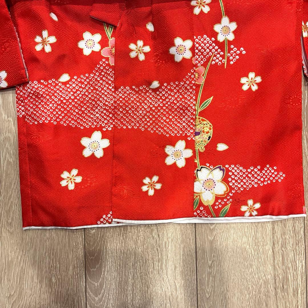 七五三女の子着物9点セット★3歳着物被布草履★赤色着物★白色被布コート★足袋巾着