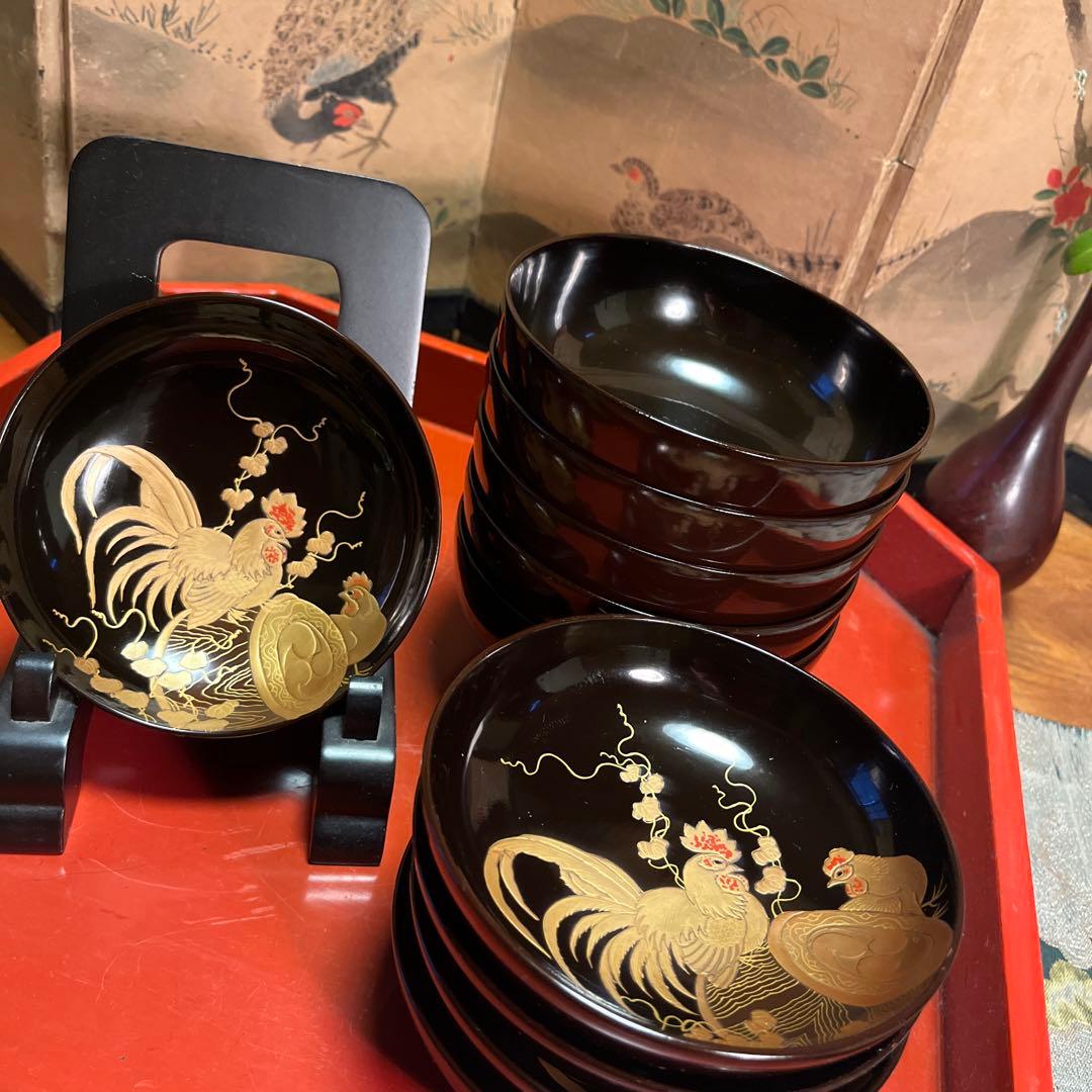 A914 木製輪島塗潤み色隠し絵蒔絵閑古鳥蒔絵鶏5客