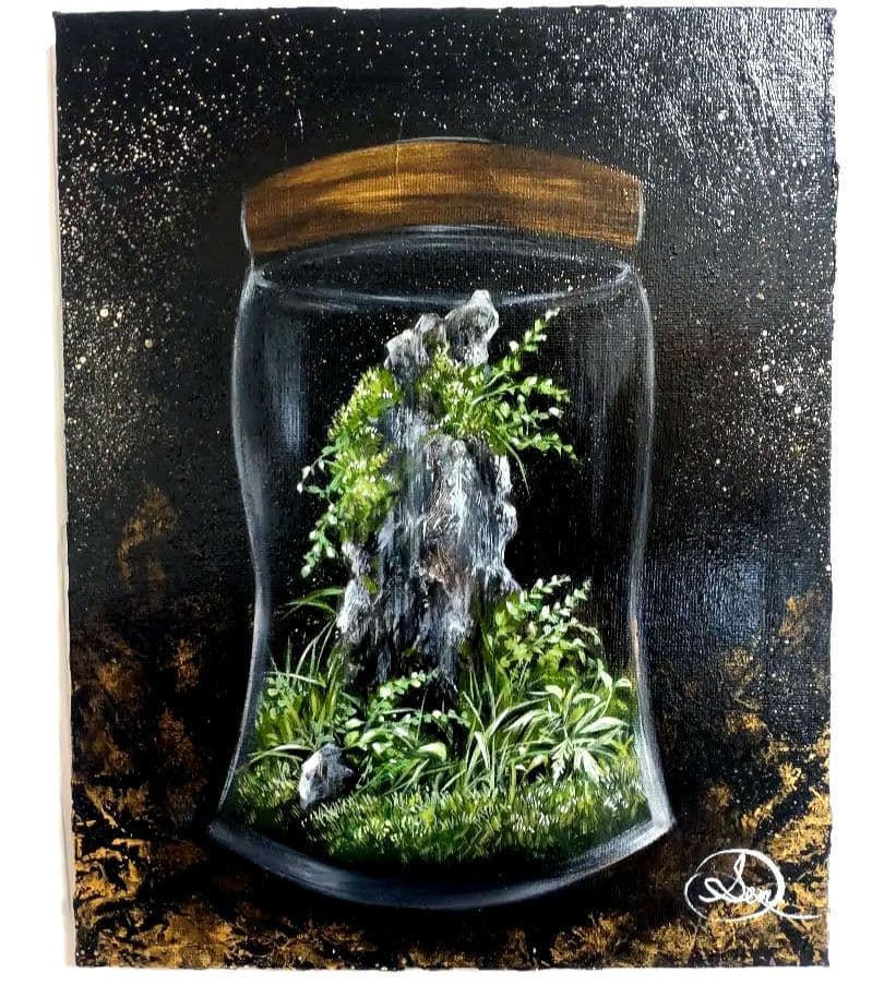 テラリウムの油絵【上昇】1点物の原画アート/作者サイン入り/F3号キャンバス
