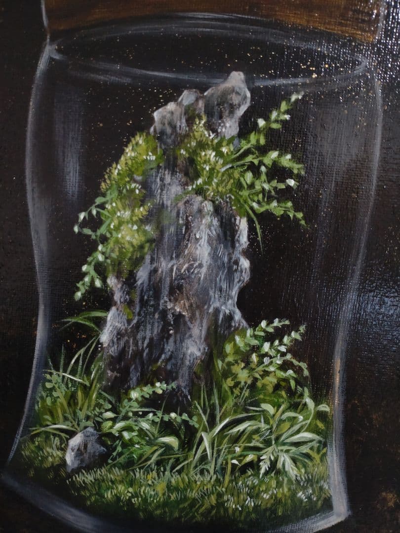 テラリウムの油絵【上昇】1点物の原画アート/作者サイン入り/F3号キャンバス