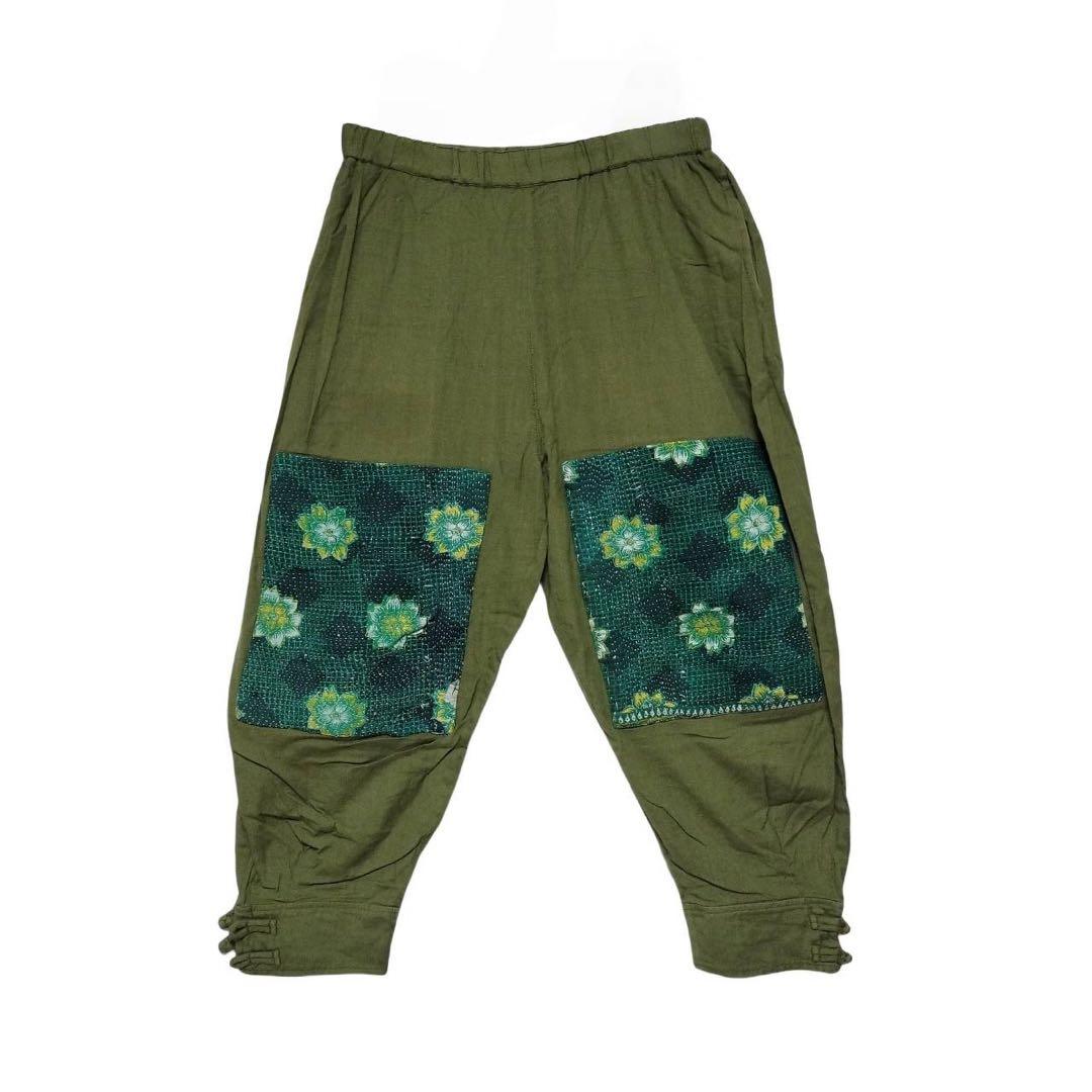 オリーブグリーン サルエルパンツ アフリカンパターン 花 刺繍 amina