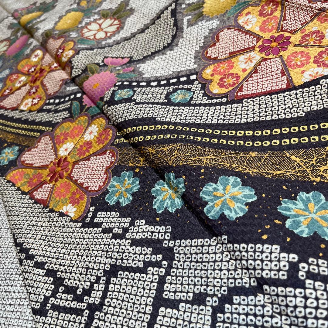 振袖 振り袖 成人式 フルセット 正絹 灰色 グレー 灰茶 絞り 菊 花柄