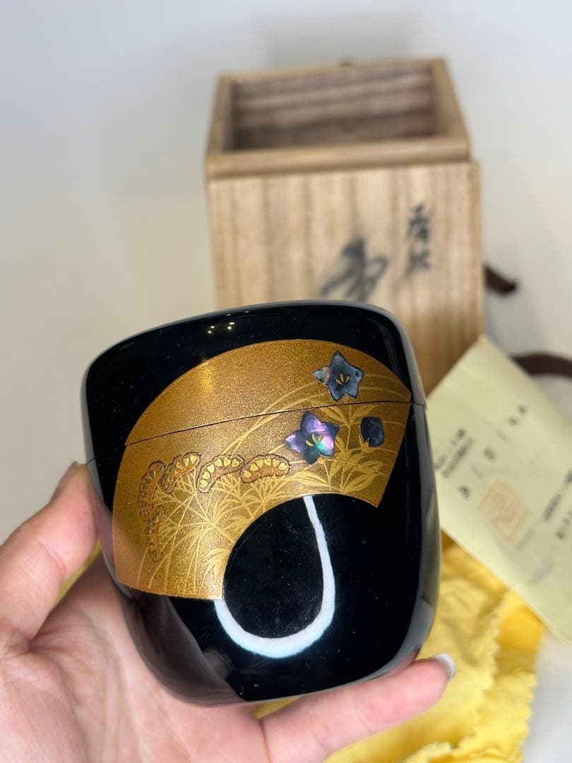 一兆作 茶棗 茶道具 漆芸 洒金 描金 螺鈿嵌 作家物 底部款識 共箱 共布