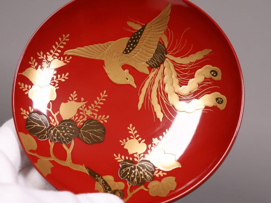 【CM244】時代木製漆器 桐鳳凰・菊 金蒔絵 朱塗 引盃 五客 木製漆器 小皿