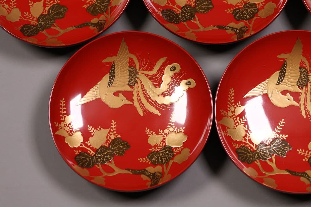 【CM244】時代木製漆器 桐鳳凰・菊 金蒔絵 朱塗 引盃 五客 木製漆器 小皿