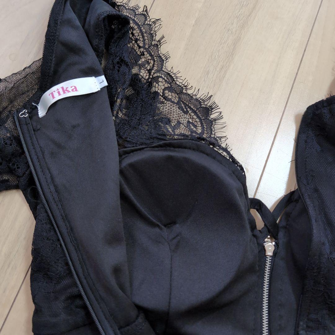 新品ブラックレース袖スリットドレス