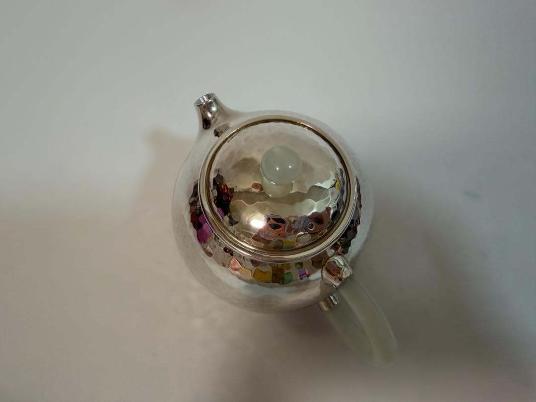 純銀製 丸形 玉石摘 鎚目紋 急須 銀瓶 煎茶道具 銀製 純銀