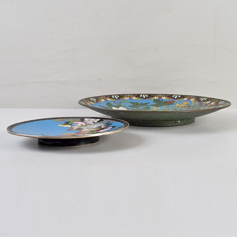 中国 古七宝琺瑯彩 七宝焼 安藤七宝店 盤 皿 2点 時代箱付 M R9532B