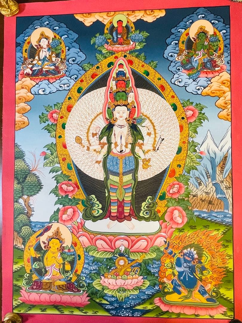 新品手描き 肉筆画 ロケショワー 十一面観音 タンカ 曼荼羅 チベット密教 仏画