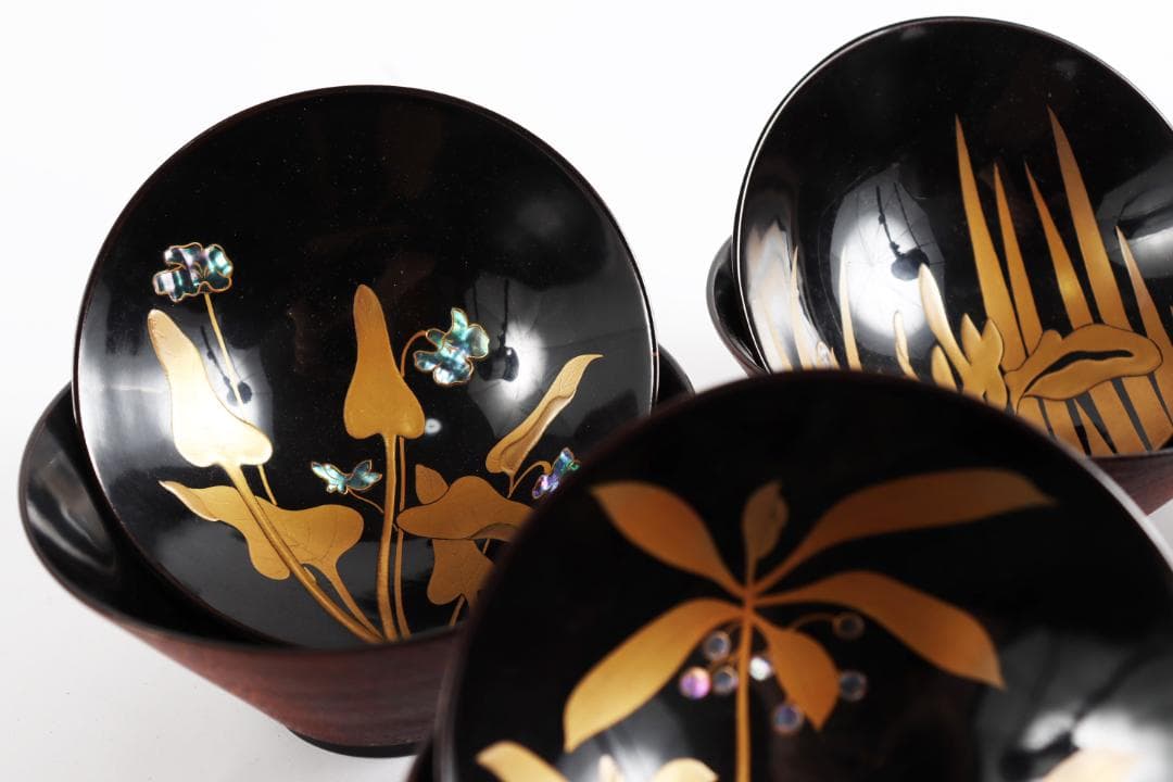 糸目 内梨地 螺鈿 花 図替 吸物椀 五客 蒔絵椀 懐石道具③