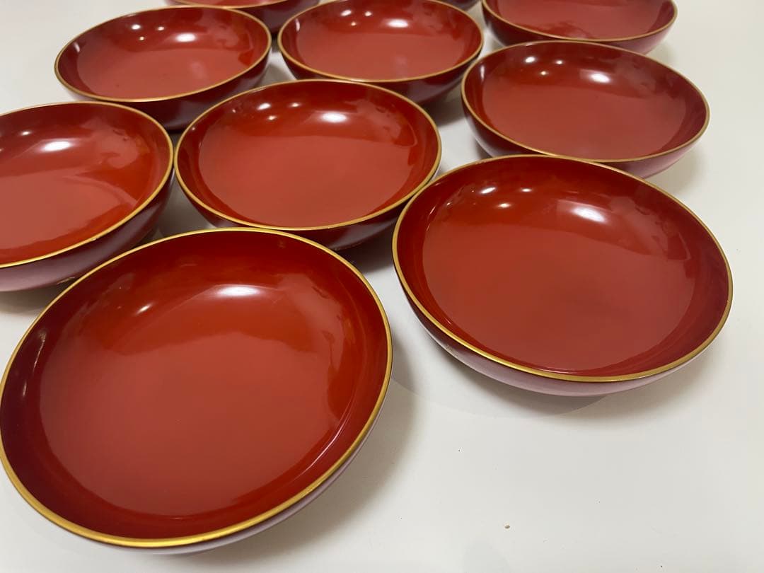 漆器 朱漆 内朱塗 漆器 吸物 懐石椀 煮物椀 10 客 牡丹柄 アンティーク