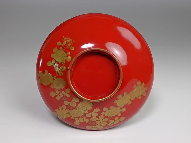 金蒔絵　 小菊の図　 朱塗吸物椀　木製品　６客　A- GGm