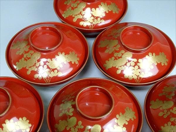 金蒔絵　 小菊の図　 朱塗吸物椀　木製品　６客　A- GGm