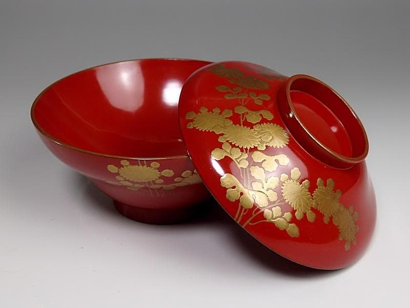 金蒔絵　 小菊の図　 朱塗吸物椀　木製品　６客　A- GGm