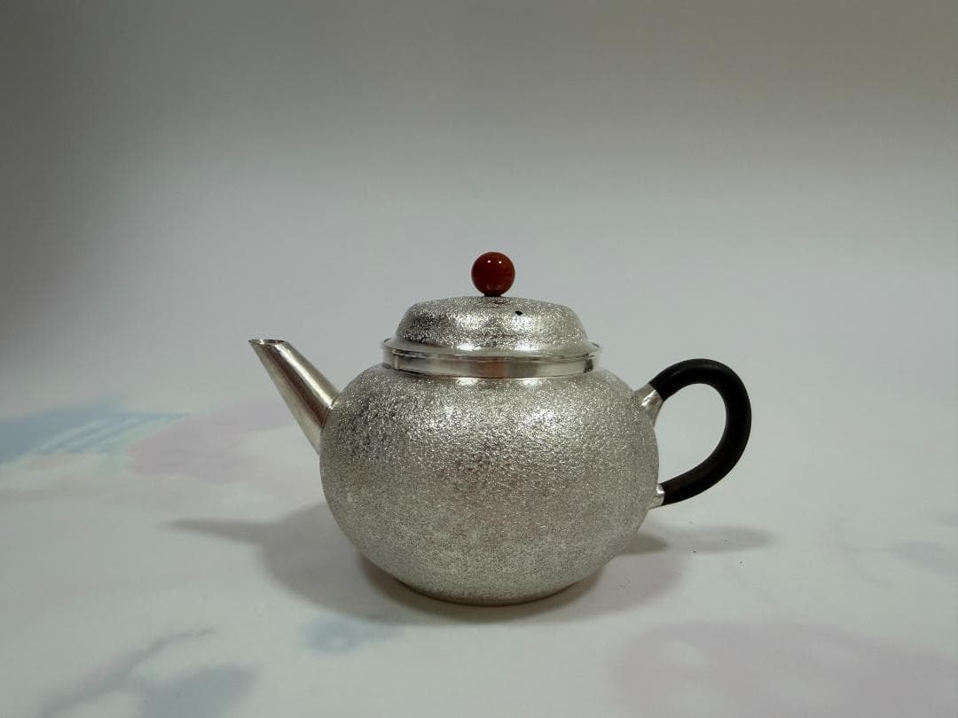 純銀製 葉文様 玉石摘 急須 銀瓶 煎茶道具