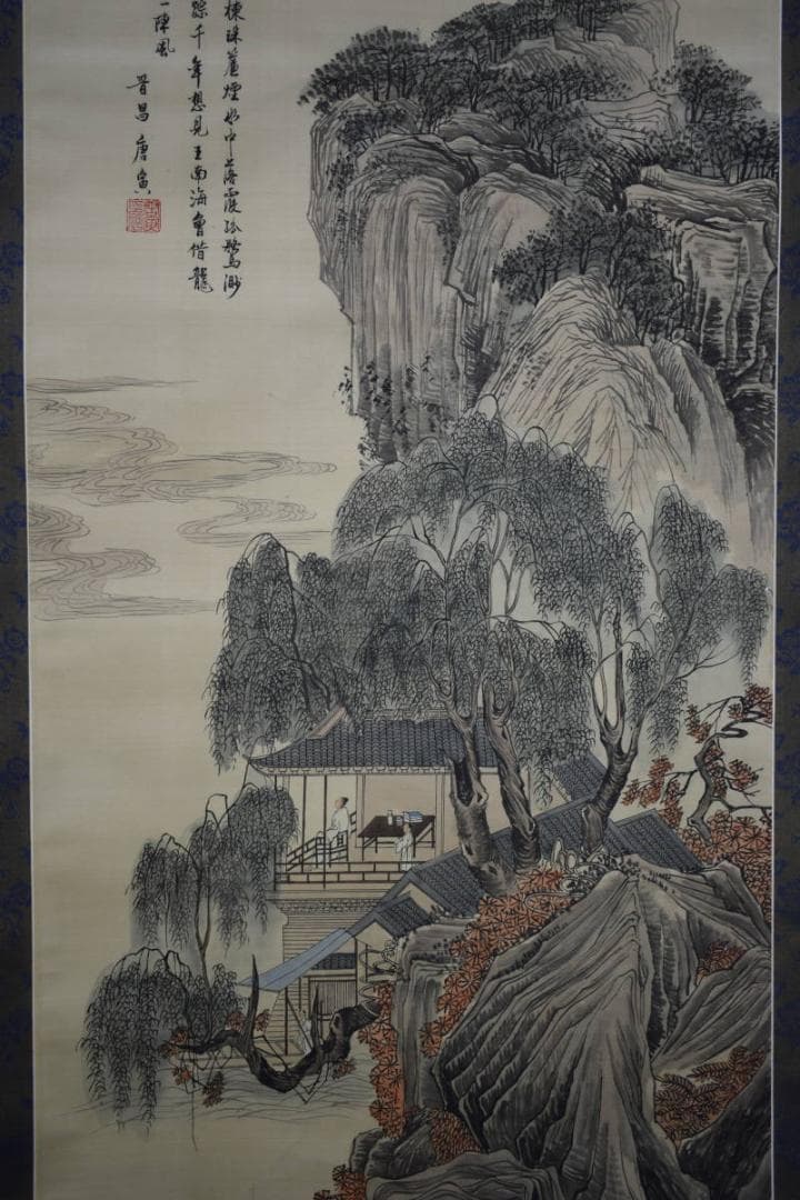 模写/唐寅/青緑山水人物図/布袋屋掛軸HG-660