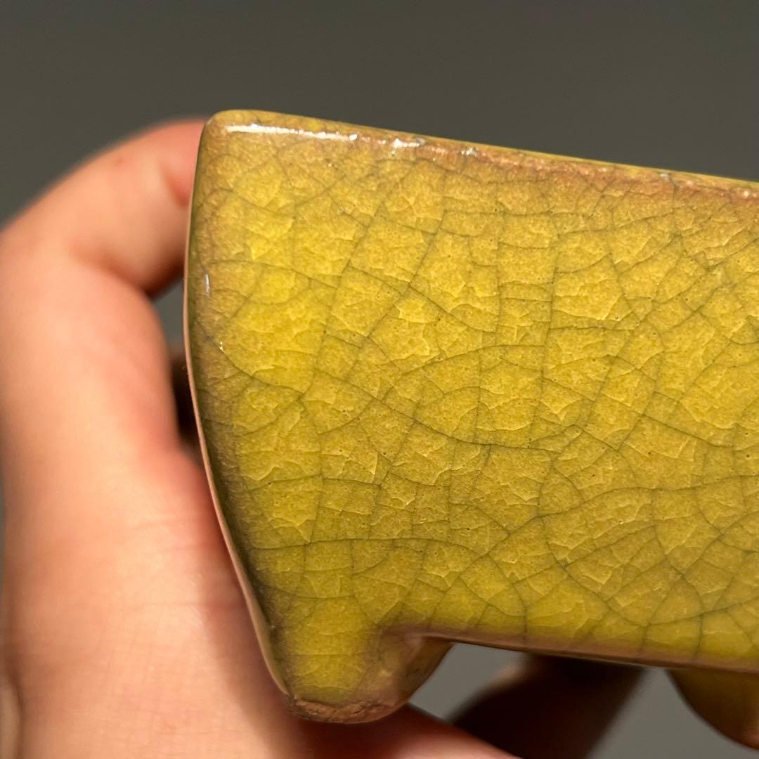 814.暁雲 黄貫入釉長方 盆栽鉢 植木鉢 10.1*7.9*5cm