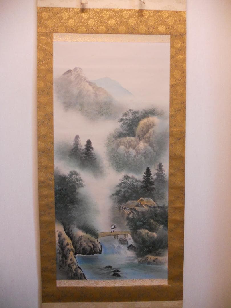 掛け軸 英仙 彩色山水 絹本 希少 軸装 茶道具 掛軸 美品 です。