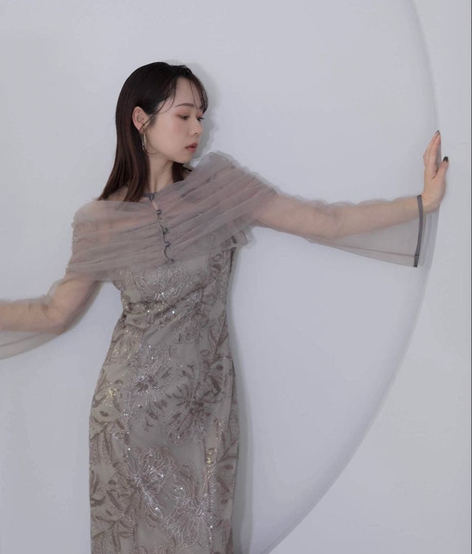 LEJAチュールオフショルダー花柄Iラインドレスワンピース 2点セット