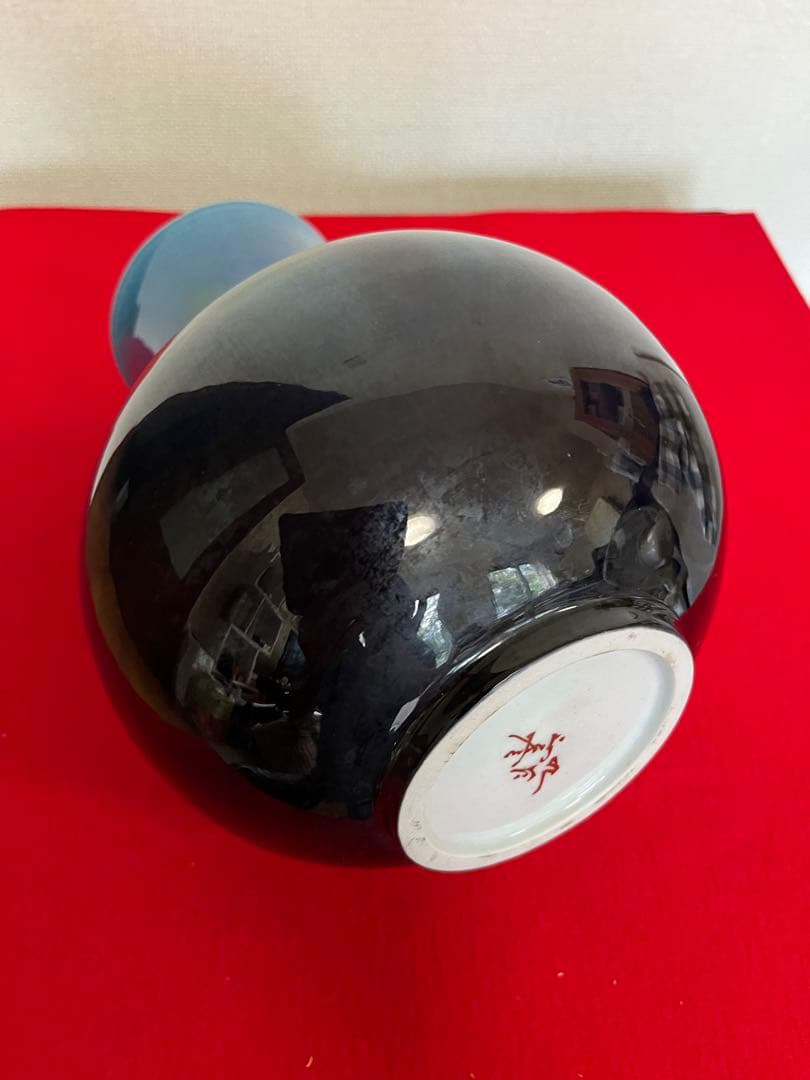 人間国宝 三代 徳田八十吉（正彦銘）碧明釉 花入 高さ 約23.5㎝ T213