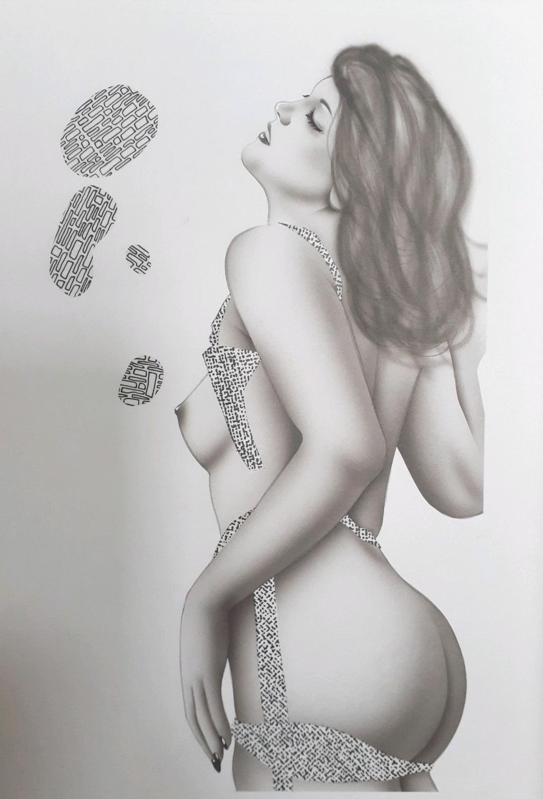 作者不明　女性像　上紙貼り付け仕上げ　SM　額装