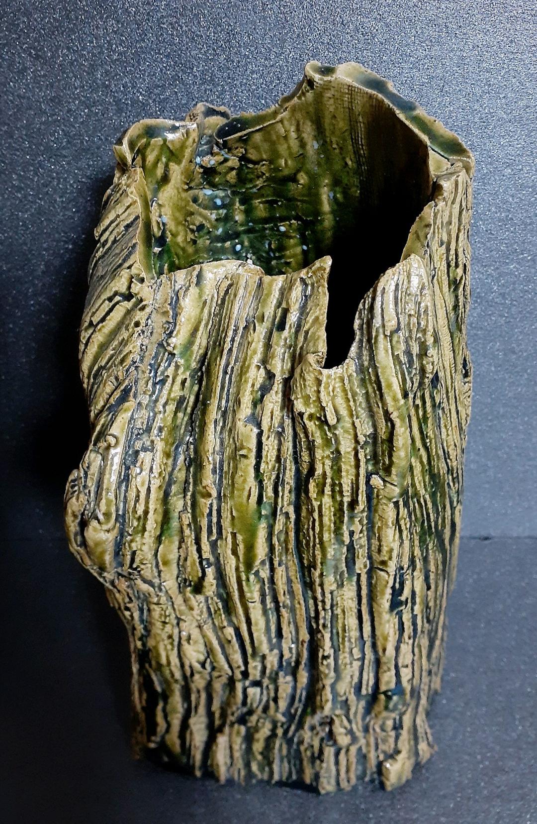 日本工芸会正会員 織部焼 【山田正和】造 木目 花生 花入れ 共箱 茶道具