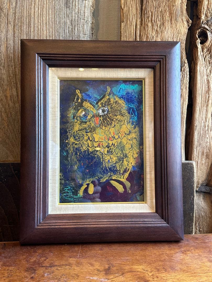 渡辺俊明　油彩画　フクロウ　梟　ミミズク　木兎　木版画包装紙　画虫居パンフレット