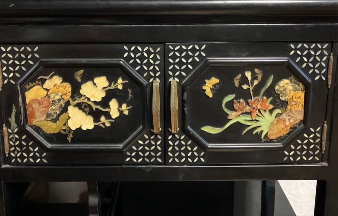 黒塗 螺鈿箪笥 飾り棚 玉石木製箪笥 花鳥模様
