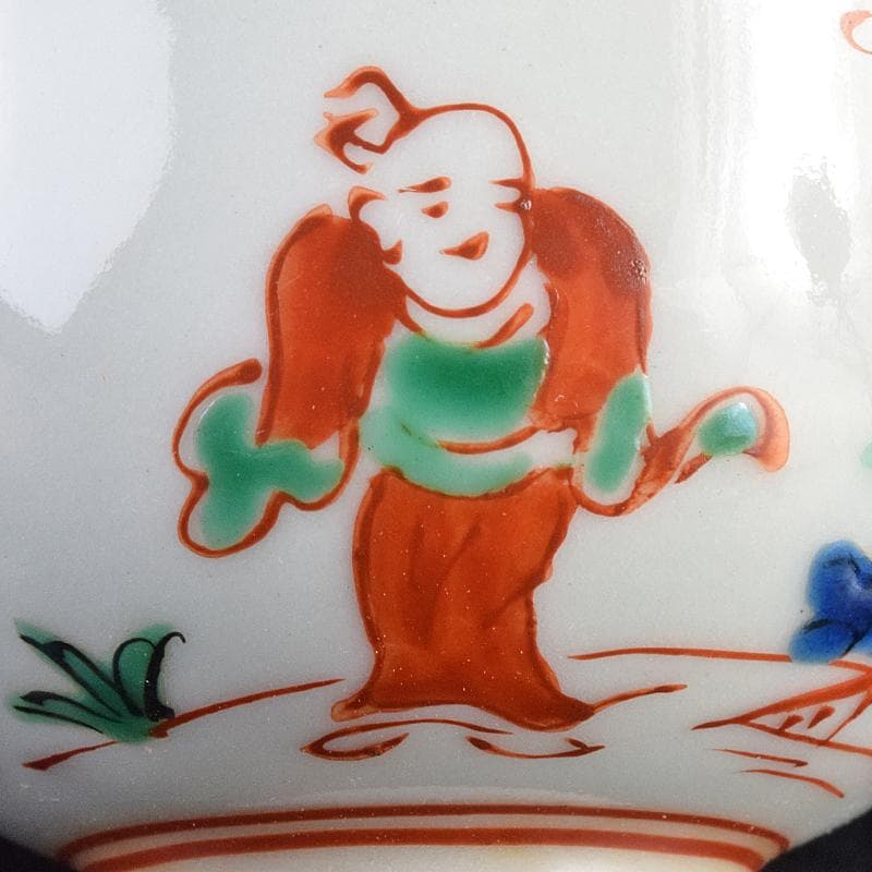 煎茶道具　九谷焼　赤絵　人物文　煎茶碗　六客　仕覆・時代箱付　M　R7559