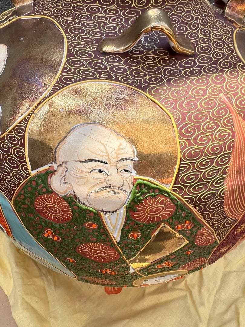 時代 珍品 薩摩焼 福神図飾壺 時代物 薩摩 壺 花器 花瓶 床置き