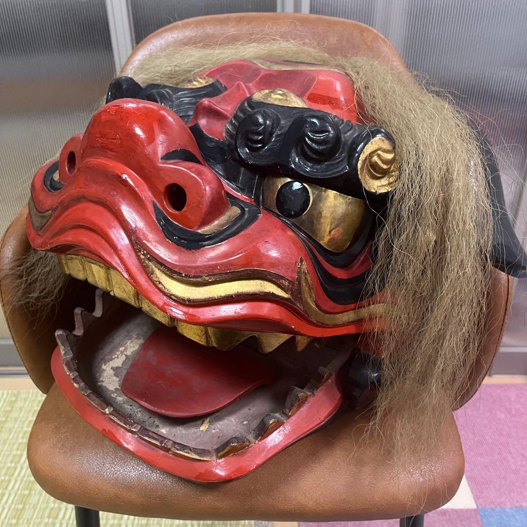 大ぶり】獅子舞 獅子頭 木彫 魔除け 祭 置物 古美術 神楽 厄除け 魔除け