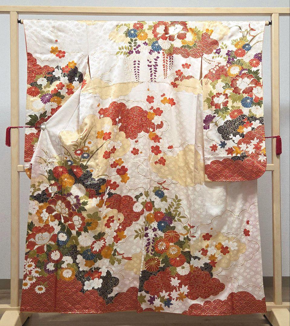 C◆着物くつろぎ 豪華 季節の花々 金彩 金駒刺繍 袷 正絹 成人式 振袖 着物 B5◇着物くつろぎ 扇面花模様 金彩 金駒刺繍 袷 正絹 成人式 振袖