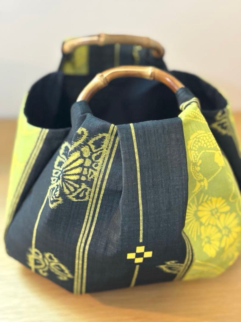 和装バック　着物バック　琉球柄　蝶と鯉みんさー柄（黄色）　入学卒業結婚七五三振袖