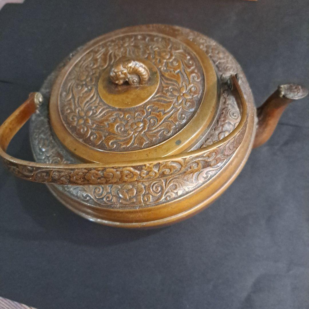 江戸中　青銅製　金工やかん　金工精密技工彫　 牡丹唐草図　高岡銅器