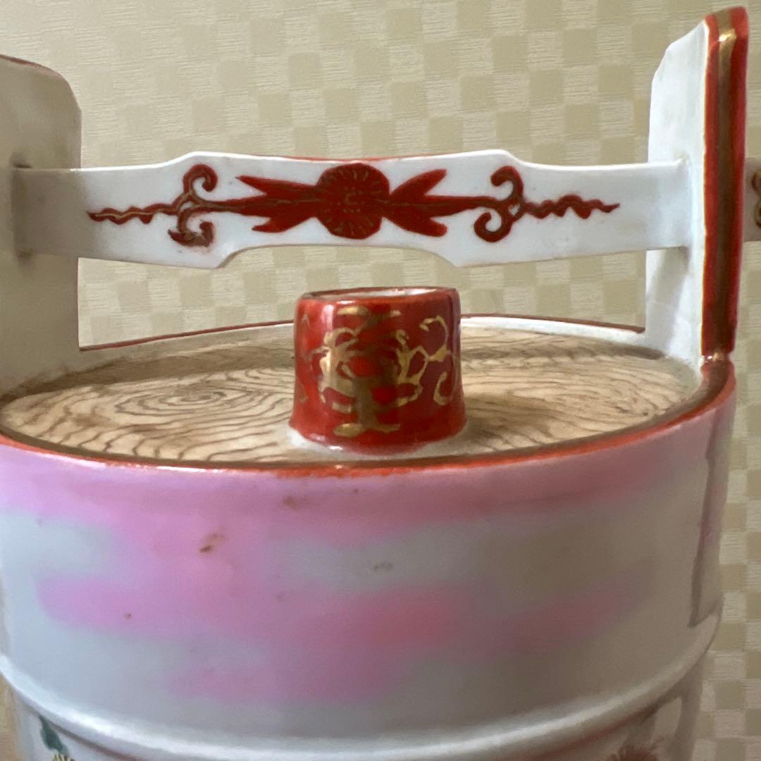 明治期超絶品九谷焼最高絵付　魚野菜尽くし手桶形水指　本物保証　逸品！