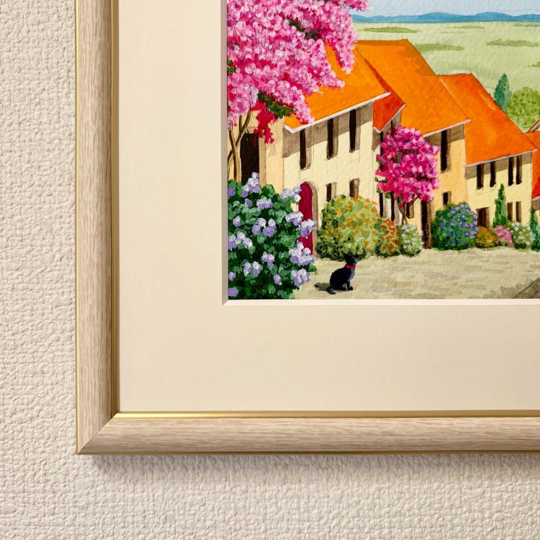 アクリル画　原画　「花の咲く路地10」額縁付　SMサイズ