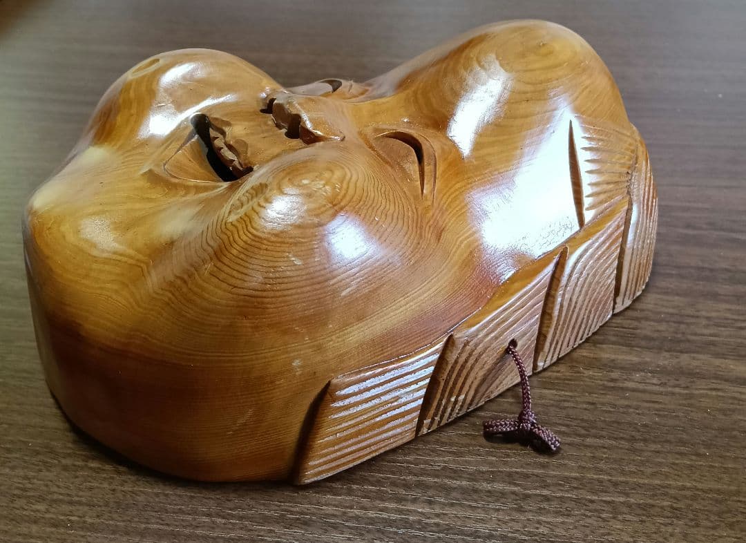 骨董 木製面 おかめ 縁起物 手掘り 木彫り 壁掛け お面 A